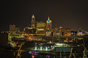Long exposure shot of Cleveland skyline