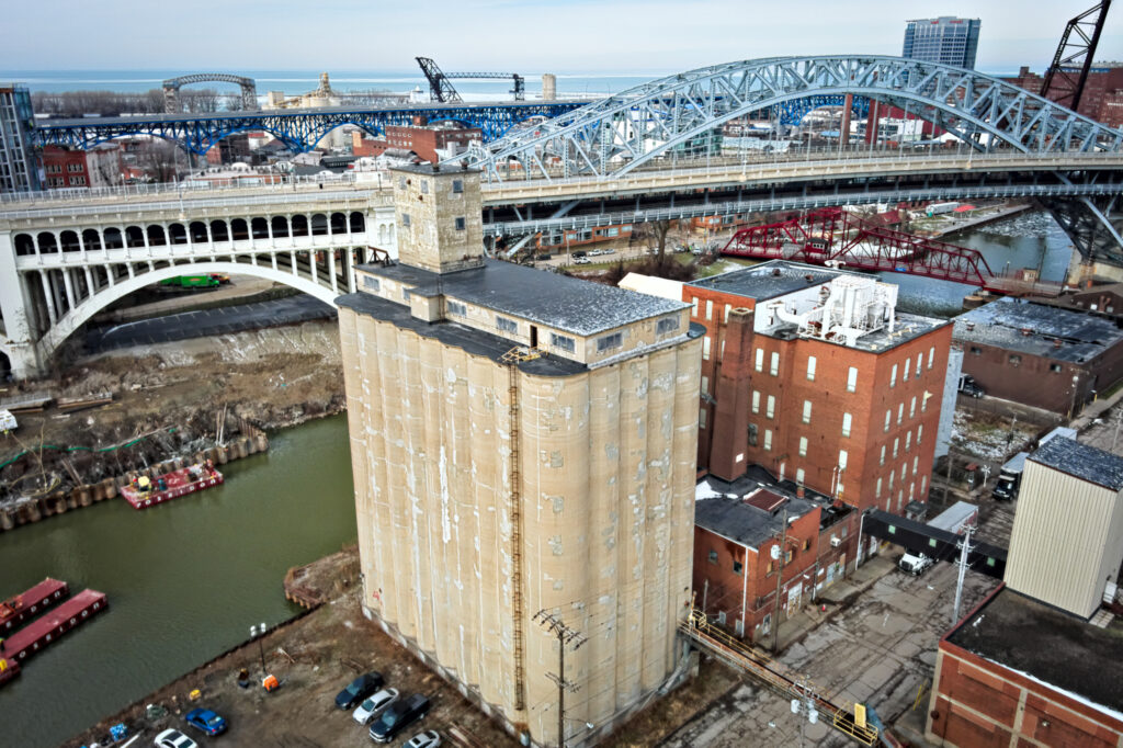 Grain Craft Mill silos towering over the Cuyahoga River in Cleveland, Ohio.