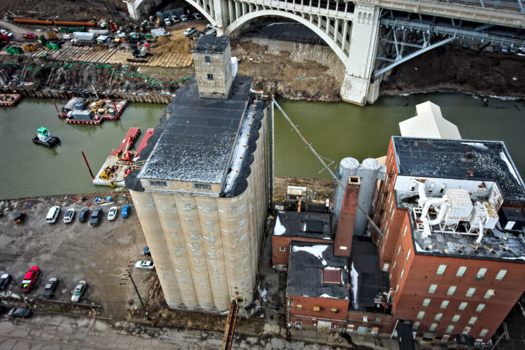Close-up of the historic silos at the Grain Craft Mill in Cleveland.